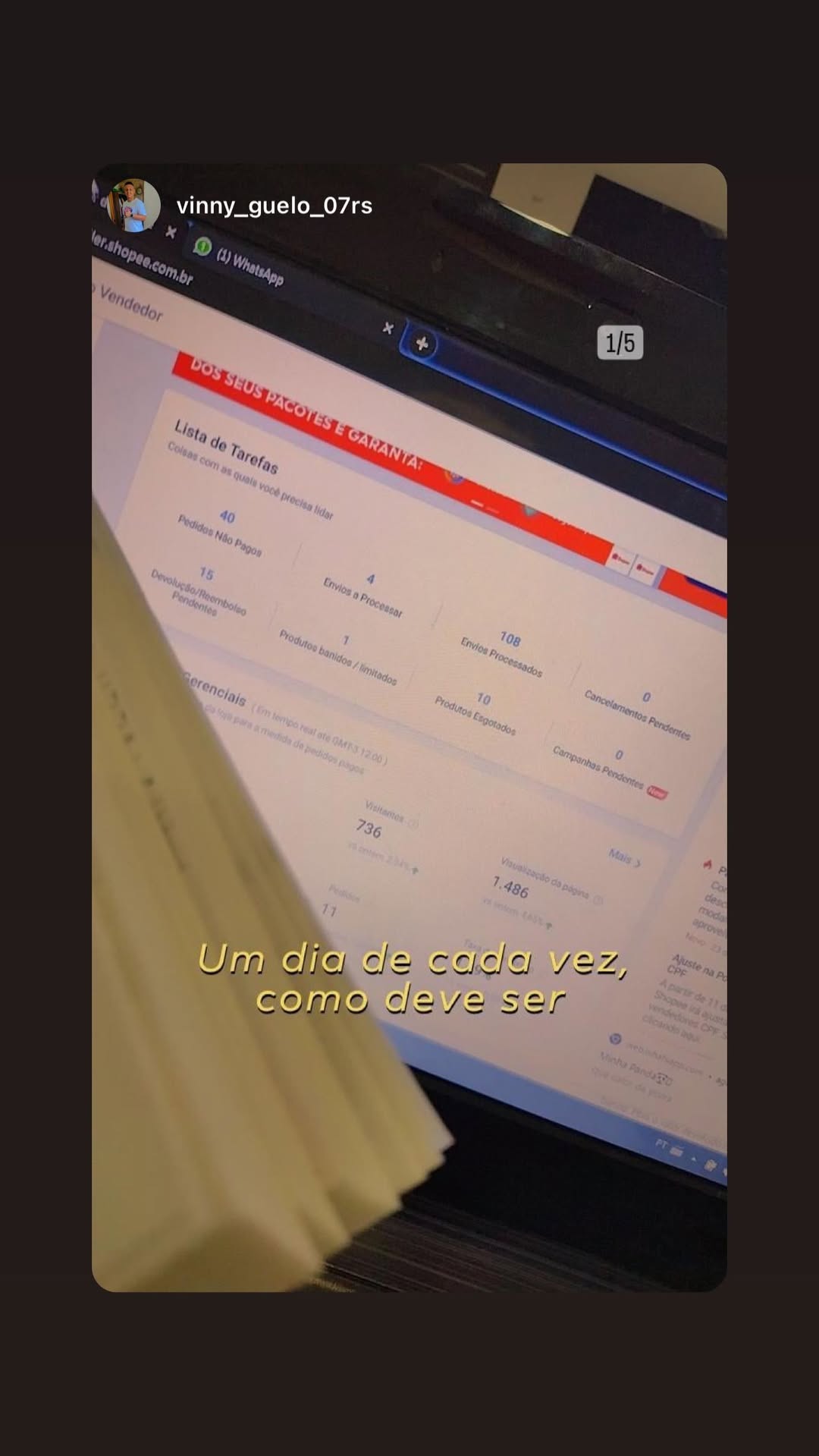 Registro enviado por aluno mostrando o painel da sua operação na Shopee.